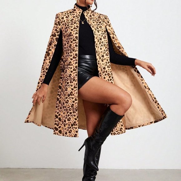 Multicolor Preppy Womens Leopard Print Cloak Sleeve Open Front Cape Coat - Picture 4 of 5
